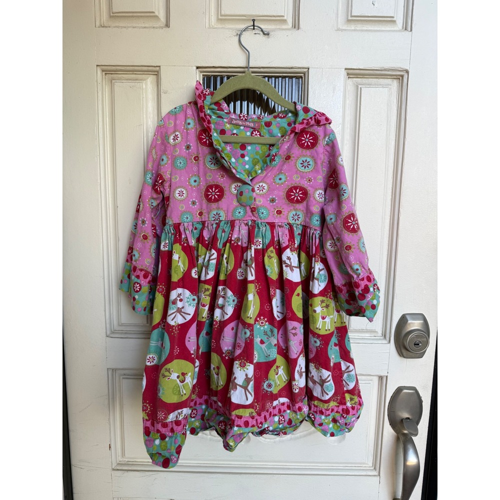 Jelly the Pug Kids Girls Pink Reindeer Christmas‎ Dress Size 5